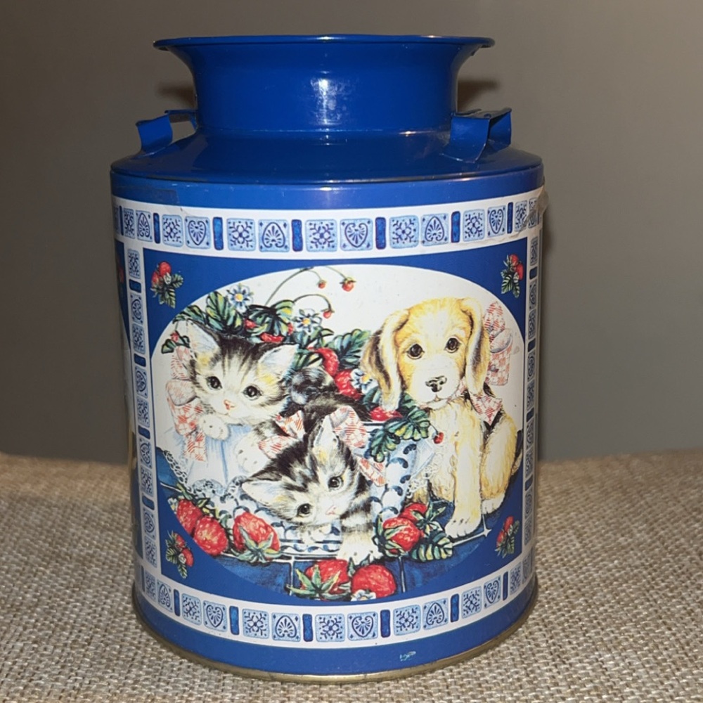 Vintage & Rare Milk Tin Can featuring Kittens & a Puppy with Strawberries